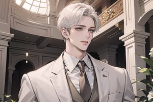 Ydor, 1boy, ((solo focus)), ((white short hair)), (Left side-parting bangs), seductive smile, green eyes, handsome, mature, angular jaw, thick neck, ((white)) ((groom suit:1.3)), long sleeve, by Raphael, masterpiece, upper body shot, magnificent indoor hall