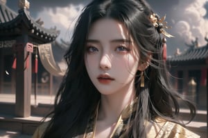 (cowboy shot), dynamic action style, (1woman), (female:1.2), mature face, (mature girl:1.2), evil, (Chinese hanfu with black and gold accents), finely detailed eyes and face, slim figure, (long black straight hair:1.2), (purple eyes:1.1), (focus on character:1.1), ((solo)), detailed face, detailed eyes, Chinese epic style, clear subject, ultra realistic, ultra detailed, OC rendering, blender, high detail, ultra high quality, dark and ominous atmosphere, dark clouds swirling, subtle mist