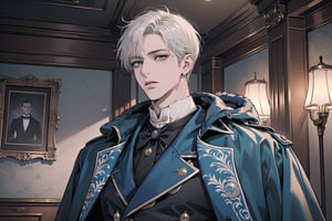 Ydor, 1boy, ((solo focus)), ((white short hair)), (Left side-parting bangs), green eyes, handsome, mature, angular jaw, thick neck, ((CadetBlue)) ((Victorian coat:1.3)), short sleeve, by Raphael, masterpiece, upper body shot, magnificent indoor hall