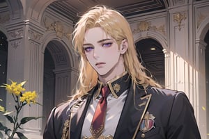 Nitrey, 1 boy, ((solo focus)), ((Goldenrod hair)), ((long straight hair)), (purple eyes), ((Medium score)), (((half-down:1.3))), To reveal the forehead, handsome, angular jaw,  thick neck, prince, royal, ((School uniform:1.3)), red tie, by Raphael, masterpiece, upper body shot, magnificent indoor hall