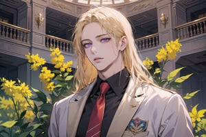 Nitrey, 1 boy, ((solo focus)), ((Goldenrod hair)), ((long straight hair)), (purple eyes), ((Medium score)), (((half-down))), To reveal the forehead, handsome, angular jaw,  thick neck, ((School uniform:1.3)), red tie, by Raphael, masterpiece, upper body shot, magnificent indoor hall