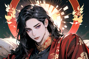 (Absurdres, Intricate Details, Masterpiece, Best Quality, High Resolution, 8k), (1man), (male:1.2), mature face, (mature boy:1.2), finely detailed eyes and face, lean body, (black long straight hair:1.2), (purple eyes), (((Red)) Chinese costume), (focus on character:1.1), solo, full body shot, laying on a lavishly adorned bed, intricate Chinese motifs, detailed background with traditional Chinese architecture, serene expression, ethereal atmosphere, Depth of Field, Chinese style, soft lighting, [ArtStation], [WLOP], [Krenz Cushart]
