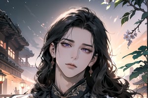 (Absurdres, Intricate Details, Masterpiece, Best Quality, High Resolution, 8k), (1man), (male:1.2), mature face, (mature boy:1.2), serious, finely detailed eyes and face, lean body, (black long straight hair:1.2), (purple eyes), (Chinese costume), (focus on character:1.1), solo, full body shot, laying on a lavishly adorned bed, intricate Chinese motifs, detailed background with traditional Chinese architecture, serene expression, ethereal atmosphere, Depth of Field, Chinese style, soft lighting, [ArtStation], [WLOP], [Krenz Cushart]
