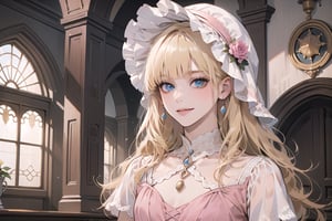 1 little girl, solo, ((Blonde hair)), (blunt bangs), wavy long hair, blue eyes, ((small chest:1.3)), seductive smile, Bonnet, wearing a ((pink Romanticism dress)), short sleeve, by Raphael, masterpiece, upper body shot, magnificent indoor hall
