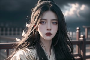 (cowboy shot), dynamic action style, (1woman), (female:1.2), mature face, (mature girl:1.2), evil, (Chinese hanfu with black accents), finely detailed eyes and face, slim figure, (long black straight hair:1.2), (purple eyes:1.1), (focus on character:1.1), ((solo)), detailed face, detailed eyes, Chinese epic style, clear subject, ultra realistic, ultra detailed, OC rendering, blender, high detail, ultra high quality, dark and ominous atmosphere, dark clouds swirling, subtle mist