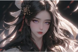 (cowboy shot), dynamic action style, (1woman), (female:1.2), mature face, (mature girl:1.2), sinister smirk, (Chinese hanfu with black and gold accents), finely detailed eyes and face, slim figure, (long black straight hair:1.2), (purple eyes:1.1), (focus on character:1.1), ((solo)), detailed face, detailed eyes, Chinese epic style, clear subject, ultra realistic, ultra detailed, OC rendering, blender, high detail, ultra high quality, dark and ominous atmosphere, dark clouds swirling, subtle mist