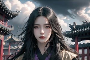 (cowboy shot), dynamic action style, (1woman), (female:1.2), mature face, (mature girl:1.2), sinister smirk, (Chinese hanfu with black and gold accents), finely detailed eyes and face, slim figure, (long black straight hair:1.2), (purple eyes:1.1), (focus on character:1.1), ((solo)), detailed face, detailed eyes, Chinese epic style, clear subject, ultra realistic, ultra detailed, OC rendering, blender, high detail, ultra high quality, dark and ominous atmosphere, dark clouds swirling, subtle mist