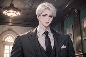 Ydor, 1boy, ((solo focus)), ((white short hair)), (Left side-parting bangs), seductive smile, green eyes, handsome, mature, angular jaw, thick neck, ((groom suit:1.3)), long sleeve, by Raphael, masterpiece, upper body shot, magnificent indoor hall