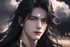 (cowboy shot), dynamic action style, (1man), (male:1.2), mature face, (mature boy:1.2), sinister smirk, (Chinese hanfu with black and gold accents), finely detailed eyes and face, (long black straight hair:1.2), (purple eyes:1.1), (focus on character:1.1), ((solo)), detailed face, detailed eyes, Chinese epic style, clear subject, ultra realistic, ultra detailed, OC rendering, blender, high detail, ultra high quality, dark and ominous atmosphere, dark clouds swirling, subtle mist