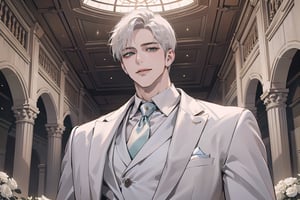 Ydor, 1boy, ((solo focus)), ((white short hair)), (Left side-parting bangs), smile, green eyes, handsome, mature, angular jaw, thick neck, ((white)) ((groom suit:1.3)), long sleeve, by Raphael, masterpiece, upper body shot, magnificent indoor hall