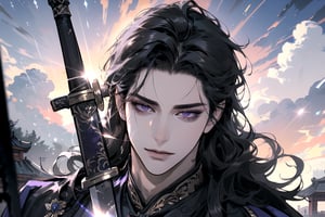 (Absurdres, Intricate Details, Masterpiece, Best Quality, High Resolution, 8k), (1man), (male:1.2), mature face, (mature boy:1.2), smirk, ((holding sword)), finely detailed eyes and face, lean body, (black long straight hair:1.2), (purple eyes), (((Purple)) Chinese costume), (focus on character:1.1), solo, full shot, full body, detailed background, detailed face, thunder manipulation, dynamic shadows, ethereal atmosphere, Depth of Field, lighting sword, swordman, spellcaster, Chinese style, (((Ascension))), Mysterious clouds, thunderstorm