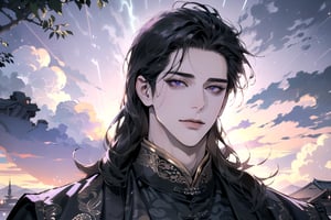 (Absurdres, Intricate Details, Masterpiece, Best Quality, High Resolution, 8k), (1man), (male:1.2), mature face, (mature boy:1.2), smirk, finely detailed eyes and face, lean body, (black long straight hair:1.2), (purple eyes), (((Purple)) Chinese costume), (focus on character:1.1), solo, full shot, full body, detailed background, detailed face, thunder manipulation, dynamic shadows, ethereal atmosphere, Depth of Field, lighting sword, swordman, spellcaster, Chinese style, (((Ascension))), Mysterious clouds, thunderstorm