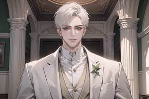 Ydor, 1boy, ((solo focus)), ((white short hair)), (Left side-parting bangs), seductive smirk, green eyes, handsome, mature, angular jaw, thick neck, ((White groom suit:1.3)), long sleeve, by Raphael, masterpiece, upper body shot, magnificent indoor hall