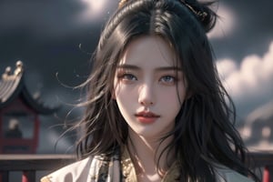 (cowboy shot), dynamic action style, (1woman), (female:1.2), mature face, (mature girl:1.2), smirk, (Chinese hanfu with black and gold accents), finely detailed eyes and face, slim figure, (long black straight hair:1.2), (purple eyes:1.1), (focus on character:1.1), ((solo)), detailed face, detailed eyes, Chinese epic style, clear subject, ultra realistic, ultra detailed, OC rendering, blender, high detail, ultra high quality, dark and ominous atmosphere, dark clouds swirling, subtle mist