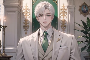 Ydor, 1boy, ((solo focus)), ((white short hair)), (Left side-parting bangs), seductive smile, green eyes, handsome, mature, angular jaw, thick neck, ((White groom suit:1.3)), long sleeve, by Raphael, masterpiece, upper body shot, magnificent indoor hall