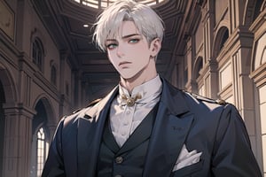 Ydor, 1boy, ((solo focus)), ((white short hair)), (Left side-parting bangs), green eyes, handsome, mature, angular jaw, thick neck, ((CadetBlue)) ((Victorian suit:1.3)), long sleeve, by Raphael, masterpiece, upper body shot, magnificent indoor hall