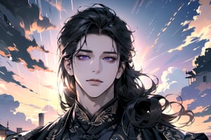 (Absurdres, Intricate Details, Masterpiece, Best Quality, High Resolution, 8k), (1man), (male:1.2), mature face, (mature boy:1.2), smirk, finely detailed eyes and face, lean body, (black long straight hair:1.2), (purple eyes), (((Purple)) Chinese costume), (focus on character:1.1), solo, full shot, full body, detailed background, detailed face, thunder manipulation, dynamic shadows, ethereal atmosphere, Depth of Field, lighting sword, swordman, spellcaster, Chinese style, (((Ascension))), Mysterious clouds, thunderstorm