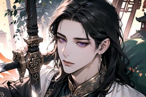 (Absurdres, Intricate Details, Masterpiece, Best Quality, High Resolution, 8k), (1man), (male:1.2), mature face, (mature boy:1.2), serious, ((holding sword)), finely detailed eyes and face, lean body, (black long straight hair:1.2), (purple eyes), (Chinese costume), (focus on character:1.1), solo, full body shot, laying on a lavishly adorned dragon bed, intricate Chinese motifs, detailed background with traditional Chinese architecture, serene expression, ethereal atmosphere, Depth of Field, Chinese style, soft lighting, [ArtStation], [WLOP], [Krenz Cushart]
