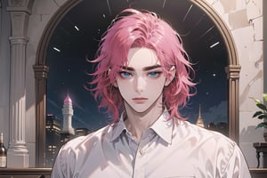 Kryon,1 boy, ((solo focus)), (((Fuchsia hair))), ((thick eyebrows)), ((Medium score)), To reveal the forehead, ((Split head)), ((messy hair)), ((wavy curly hair)), short hair, blue eyes, mature, ((white shirt:1.3)), shoet sleeve, by Raphael, masterpiece, upper body shot, magnificent indoor hall,1 man