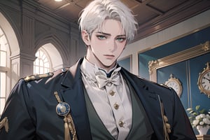 Ydor, 1boy, ((solo focus)), ((white short hair)), (Left side-parting bangs), green eyes, handsome, mature, angular jaw, thick neck, ((CadetBlue)) ((Victorian suit:1.3)), long sleeve, by Raphael, masterpiece, upper body shot, magnificent indoor hall