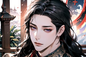 (Absurdres, Intricate Details, Masterpiece, Best Quality, High Resolution, 8k), (1man), (male:1.2), mature face, (mature boy:1.2), finely detailed eyes and face, lean body, (black long straight hair:1.2), (purple eyes), (((Red)) Chinese costume), (focus on character:1.1), solo, full body shot, laying on a lavishly adorned bed, intricate Chinese motifs, detailed background with traditional Chinese architecture, serene expression, ethereal atmosphere, Depth of Field, Chinese style, soft lighting, [ArtStation], [WLOP], [Krenz Cushart]
