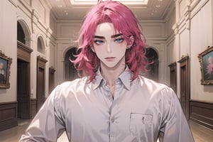 Kryon,1 boy, ((solo focus)), (((Fuchsia hair))), ((thick eyebrows)), ((Medium score)), To reveal the forehead, ((Split head)), ((messy hair)), ((wavy curly hair)), short hair, blue eyes, mature, ((white shirt:1.3)), shoet sleeve, by Raphael, masterpiece, upper body shot, magnificent indoor hall,1 man