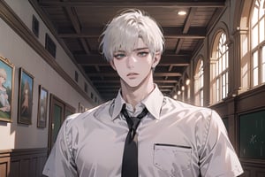 Ydor, 1boy, ((solo focus)), ((white short hair)), (bangs), green eyes, handsome, angular jaw, thick neck, ((School uniform:1.3)), tie, short sleeve, by Raphael, masterpiece, upper body shot, magnificent indoor hall