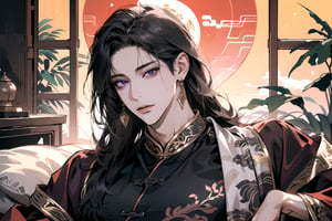 (Absurdres, Intricate Details, Masterpiece, Best Quality, High Resolution, 8k), (1man), (male:1.2), mature face, (mature boy:1.2), finely detailed eyes and face, lean body, (black long straight hair:1.2), (purple eyes), (Chinese costume), (focus on character:1.1), solo, full body shot, laying on a lavishly adorned bed, intricate Chinese motifs, detailed background with traditional Chinese architecture, serene expression, ethereal atmosphere, Depth of Field, Chinese style, soft lighting, [ArtStation], [WLOP], [Krenz Cushart]
