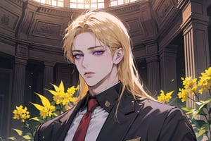 Nitrey, 1 boy, ((solo focus)), ((Goldenrod hair)), ((long straight hair)), (purple eyes), ((Medium score)), (((half-down))), To reveal the forehead, handsome, angular jaw,  thick neck, ((School uniform:1.3)), red tie, by Raphael, masterpiece, upper body shot, magnificent indoor hall