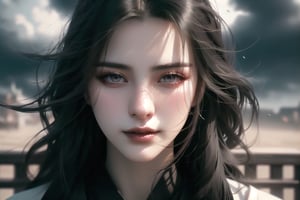 (cowboy shot), dynamic action style, (1woman), (female:1.2), mature face, (mature girl:1.2), evil, (Chinese hanfu with black accents), finely detailed eyes and face, slim figure, (long black straight hair:1.2), (purple eyes:1.1), (focus on character:1.1), ((solo)), detailed face, detailed eyes, Chinese epic style, clear subject, ultra realistic, ultra detailed, OC rendering, blender, high detail, ultra high quality, dark and ominous atmosphere, dark clouds swirling, subtle mist