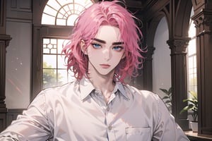 Kryon,1 boy, ((solo focus)), (((Fuchsia hair))), ((thick eyebrows)), ((Medium score)), To reveal the forehead, ((Split head)), ((messy hair)), ((wavy curly hair)), short hair, blue eyes, mature, ((white shirt:1.3)), shoet sleeve, by Raphael, masterpiece, upper body shot, magnificent indoor hall,1 man