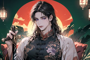 (Absurdres, Intricate Details, Masterpiece, Best Quality, High Resolution, 8k), (1man), (male:1.2), mature face, (mature boy:1.2), serious, ((holding sword)), finely detailed eyes and face, lean body, (black long straight hair:1.2), (purple eyes), (Chinese costume), (focus on character:1.1), solo, full body shot, resting on a meticulously crafted dragon bed, luxurious and ancient, detailed background with traditional Chinese decor, ethereal atmosphere, Depth of Field, Chinese style, dramatic lighting, [ArtStation], [Gustav Klimt], [John William Waterhouse]
