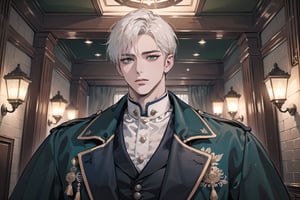 Ydor, 1boy, ((solo focus)), ((white short hair)), (Left side-parting bangs), green eyes, handsome, mature, angular jaw, thick neck, ((CadetBlue)) ((Victorian coat:1.3)), short sleeve, by Raphael, masterpiece, upper body shot, magnificent indoor hall