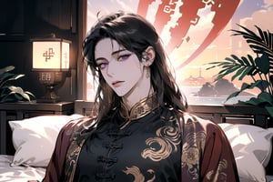 (Absurdres, Intricate Details, Masterpiece, Best Quality, High Resolution, 8k), (1man), (male:1.2), mature face, (mature boy:1.2), finely detailed eyes and face, lean body, (black long straight hair:1.2), (purple eyes), (Chinese costume), (focus on character:1.1), solo, full body shot, laying on a lavishly adorned bed, intricate Chinese motifs, detailed background with traditional Chinese architecture, serene expression, ethereal atmosphere, Depth of Field, Chinese style, soft lighting, [ArtStation], [WLOP], [Krenz Cushart]
