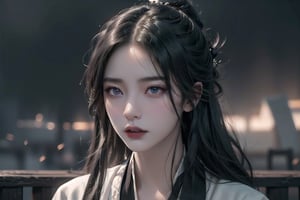 (cowboy shot), dynamic action style, (1woman), (female:1.2), mature face, (mature girl:1.2), evil, (Chinese hanfu with black accents), finely detailed eyes and face, slim figure, (long black straight hair:1.2), (purple eyes:1.1), (focus on character:1.1), ((solo)), detailed face, detailed eyes, Chinese epic style, clear subject, ultra realistic, ultra detailed, OC rendering, blender, high detail, ultra high quality, dark and ominous atmosphere, dark clouds swirling, subtle mist