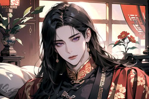 (Absurdres, Intricate Details, Masterpiece, Best Quality, High Resolution, 8k), (1man), (male:1.2), mature face, (mature boy:1.2), finely detailed eyes and face, lean body, (black long straight hair:1.2), (purple eyes), (((Red)) Chinese costume), (focus on character:1.1), solo, full body shot, laying on a lavishly adorned bed, intricate Chinese motifs, detailed background with traditional Chinese architecture, serene expression, ethereal atmosphere, Depth of Field, Chinese style, soft lighting, [ArtStation], [WLOP], [Krenz Cushart]
