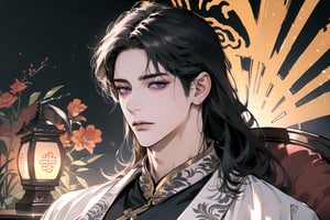 (Absurdres, Intricate Details, Masterpiece, Best Quality, High Resolution, 8k), (1man), (male:1.2), mature face, (mature boy:1.2), serious, finely detailed eyes and face, lean body, (black long straight hair:1.2), (purple eyes), (Chinese costume), (focus on character:1.1), solo, full body shot, resting on a meticulously crafted bed, luxurious and ancient, detailed background with traditional Chinese decor, ethereal atmosphere, Depth of Field, Chinese style, dramatic lighting, [ArtStation], [Gustav Klimt], [John William Waterhouse]
