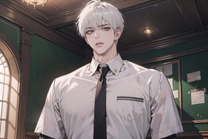 Ydor, 1boy, ((solo focus)), ((white short hair)), (bangs), green eyes, handsome, angular jaw, thick neck, ((School uniform:1.3)), tie, long sleeve, by Raphael, masterpiece, upper body shot, magnificent indoor hall