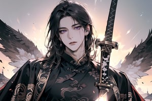 (Absurdres, Intricate Details, Masterpiece, Best Quality, High Resolution, 8k), (1man), (male:1.2), mature face, (mature boy:1.2), serious, finely detailed eyes and face, lean body, (black long straight hair:1.2), (purple eyes), (Chinese costume), (focus on character:1.1), solo, full body shot, laying on a lavishly adorned bed, intricate Chinese motifs, detailed background with traditional Chinese architecture, serene expression, ethereal atmosphere, Depth of Field, Chinese style, soft lighting, [ArtStation], [WLOP], [Krenz Cushart], (no wings:1.5), (no deformity:1.5), (perfect sword:1.5)
