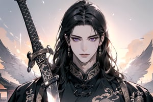 (Absurdres, Intricate Details, Masterpiece, Best Quality, High Resolution, 8k), (1man), (male:1.2), mature face, (mature boy:1.2), serious, finely detailed eyes and face, lean body, (black long straight hair:1.2), (purple eyes), (Chinese costume), (focus on character:1.1), solo, full body shot, laying on a lavishly adorned bed, intricate Chinese motifs, detailed background with traditional Chinese architecture, serene expression, ethereal atmosphere, Depth of Field, Chinese style, soft lighting, [ArtStation], [WLOP], [Krenz Cushart], (no wings:1.5), (no deformity:1.5), (perfect sword:1.5)
