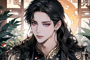 (Absurdres, Intricate Details, Masterpiece, Best Quality, High Resolution, 8k), (1man), (male:1.2), mature face, (mature boy:1.2), serious, finely detailed eyes and face, lean body, (black long straight hair:1.2), (purple eyes), (Chinese costume), (focus on character:1.1), solo, full body shot, laying on a lavishly adorned bed, intricate Chinese motifs, detailed background with traditional Chinese architecture, serene expression, ethereal atmosphere, Depth of Field, Chinese style, soft lighting, [ArtStation], [WLOP], [Krenz Cushart]
