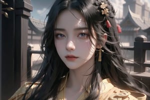 (cowboy shot), dynamic action style, (1woman), (female:1.2), mature face, (mature girl:1.2), sinister smirk, (Chinese hanfu with black and gold accents), finely detailed eyes and face, slim figure, (long black straight hair:1.2), (purple eyes:1.1), (focus on character:1.1), ((solo)), detailed face, detailed eyes, Chinese epic style, clear subject, ultra realistic, ultra detailed, OC rendering, blender, high detail, ultra high quality, dark and ominous atmosphere, dark clouds swirling, subtle mist