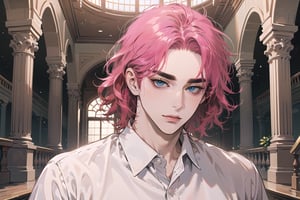 Kryon,1 boy, ((solo focus)), (((Fuchsia hair))), ((thick eyebrows)), ((Medium score)), To reveal the forehead, ((Split head)), ((messy hair)), ((wavy curly hair)), short hair, blue eyes, mature, ((white shirt:1.3)), shoet sleeve, by Raphael, masterpiece, upper body shot, magnificent indoor hall,1 man