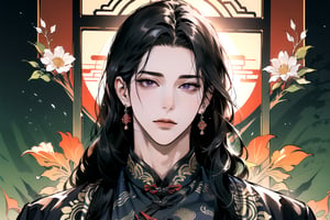 (Absurdres, Intricate Details, Masterpiece, Best Quality, High Resolution, 8k), (1man), (male:1.2), mature face, (mature boy:1.2), finely detailed eyes and face, lean body, (black long straight hair:1.2), (purple eyes), (((Red)) Chinese costume), (focus on character:1.1), solo, full body shot, laying on a lavishly adorned bed, intricate Chinese motifs, detailed background with traditional Chinese architecture, serene expression, ethereal atmosphere, Depth of Field, Chinese style, soft lighting, [ArtStation], [WLOP], [Krenz Cushart]
