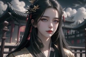 (cowboy shot), dynamic action style, (1woman), (female:1.2), mature face, (mature girl:1.2), sinister smirk, (Chinese hanfu with black and gold accents), finely detailed eyes and face, slim figure, (long black straight hair:1.2), (purple eyes:1.1), (focus on character:1.1), ((solo)), detailed face, detailed eyes, Chinese epic style, clear subject, ultra realistic, ultra detailed, OC rendering, blender, high detail, ultra high quality, dark and ominous atmosphere, dark clouds swirling, subtle mist