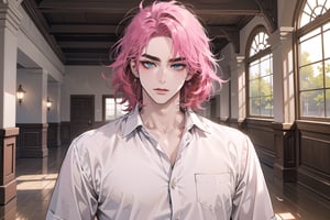 Kryon,1 boy, ((solo focus)), (((Fuchsia hair))), ((thick eyebrows)), ((Medium score)), To reveal the forehead, ((Split head)), ((messy hair)), ((wavy curly hair)), short hair, blue eyes, mature, ((white shirt:1.3)), shoet sleeve, by Raphael, masterpiece, upper body shot, magnificent indoor hall,1 man