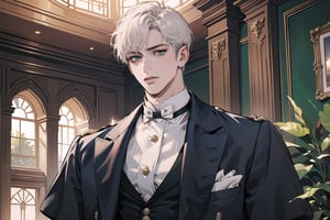 Ydor, 1boy, ((solo focus)), ((white short hair)), (Left side-parting bangs), green eyes, handsome, mature, angular jaw, thick neck, ((CadetBlue)) ((Victorian suit:1.3)), short sleeve, by Raphael, masterpiece, upper body shot, magnificent indoor hall