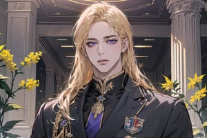 Nitrey, 1 boy, ((solo focus)), ((Goldenrod hair)), ((long straight hair)), (purple eyes), ((Medium score)), (((half-down:1.3))), To reveal the forehead, handsome, angular jaw,  thick neck, prince, royal, ((School uniform:1.3)), red tie, by Raphael, masterpiece, upper body shot, magnificent indoor hall