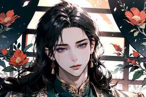 (Absurdres, Intricate Details, Masterpiece, Best Quality, High Resolution, 8k), (1man), (male:1.2), mature face, (mature boy:1.2), finely detailed eyes and face, lean body, (black long straight hair:1.2), (purple eyes), (((Red)) Chinese costume), (focus on character:1.1), solo, full body shot, laying on a lavishly adorned bed, intricate Chinese motifs, detailed background with traditional Chinese architecture, serene expression, ethereal atmosphere, Depth of Field, Chinese style, soft lighting, [ArtStation], [WLOP], [Krenz Cushart]
