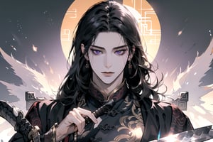 (Absurdres, Intricate Details, Masterpiece, Best Quality, High Resolution, 8k), (1man), (male:1.2), mature face, (mature boy:1.2), serious, ((holding sword)), finely detailed eyes and face, lean body, (black long straight hair:1.2), (purple eyes), (Chinese costume), (focus on character:1.1), solo, full body shot, laying on a lavishly adorned dragon bed, intricate Chinese motifs, detailed background with traditional Chinese architecture, serene expression, ethereal atmosphere, Depth of Field, Chinese style, soft lighting, [ArtStation], [WLOP], [Krenz Cushart], (no wings:1.5), (no deformity:1.5), (perfect sword:1.5)
